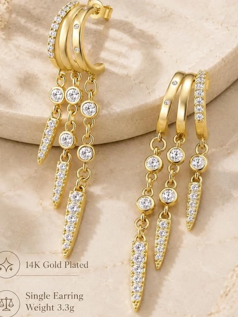 Anthropologie Gold Tone Pavé Triple-Drop Spike Hoop Earrings